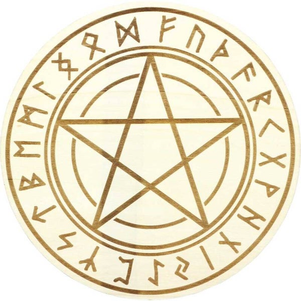 WOOD CRYSTAL GRID-RUNES PENTACLE 12″DIA / GRILLE PR CRISTAUX EN BOIS-RUNES PENTACLE 12″DIA(CR)