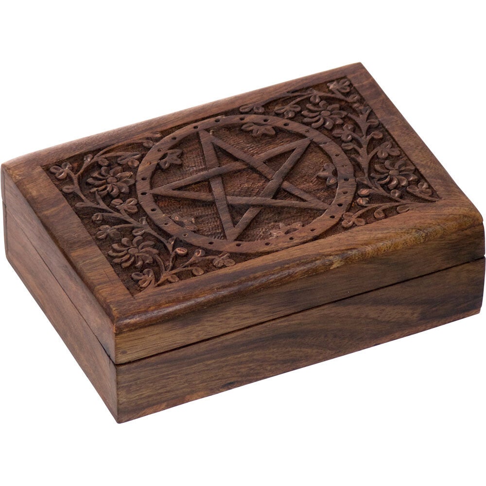 WOOD LINED BOX-CARVED/PENTACLE-5″X7″ / BOITE BOIS DOUBLÉE SCULPTÉE-PENTACLE-5″X7″(CR)