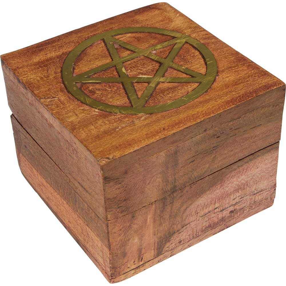 WOOD BOX-GOLDEN BRASS INLAY-PENTACLE 2.5″X2.5″ / BOITE BOIS A/C LAITON-PENTACLE 2.5″X2.5″(CR)