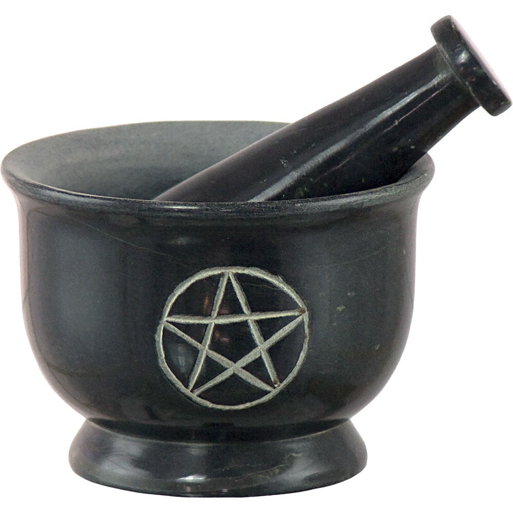 MORTAR & PESTLE - BLACK SOAPSTONE - PENTACLE - 3"DI. / MORTIER & PILON - PIERRE SAVON NOIRE - PENTACLE - 3"DI.(CR)
