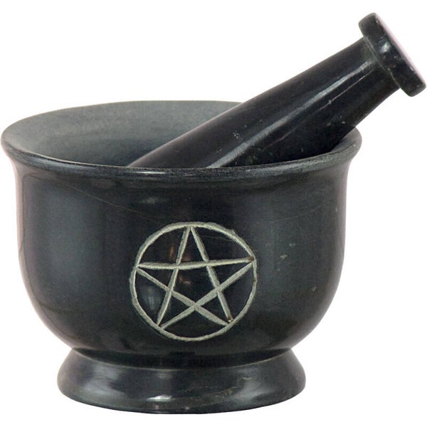 MORTAR & PESTLE - BLACK SOAPSTONE - PENTACLE - 3"DI. / MORTIER & PILON - PIERRE SAVON NOIRE - PENTACLE - 3"DI.(CR)