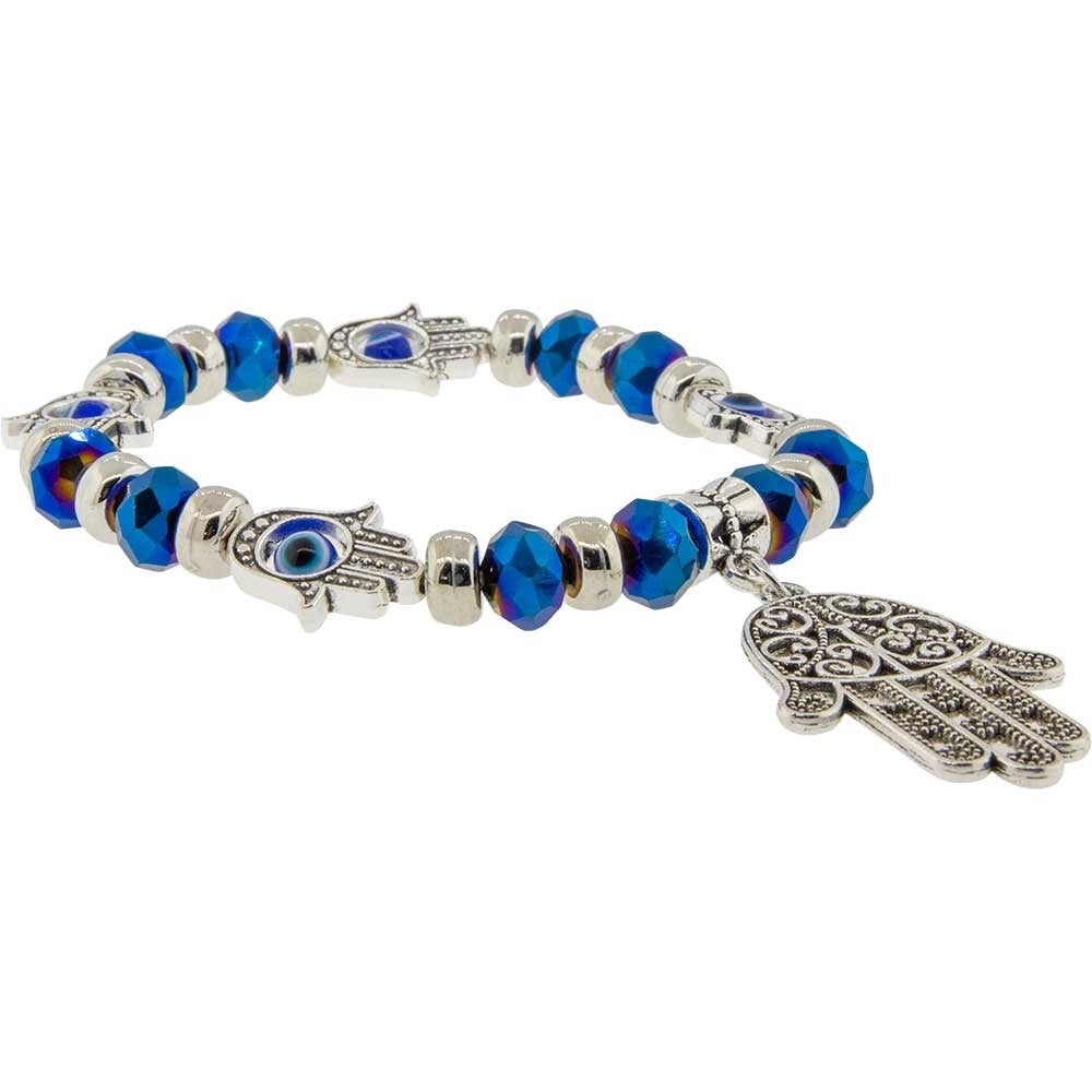 BRACELET-EVIL EYE-GLASS BEADS-IRRIDESCENT BLUE W/FATIMA HAND / BRACELET OEIL PROTEC.-BILLE VERRE-BLEU IRRIDESC. A/C MAIN FATIM(CR)