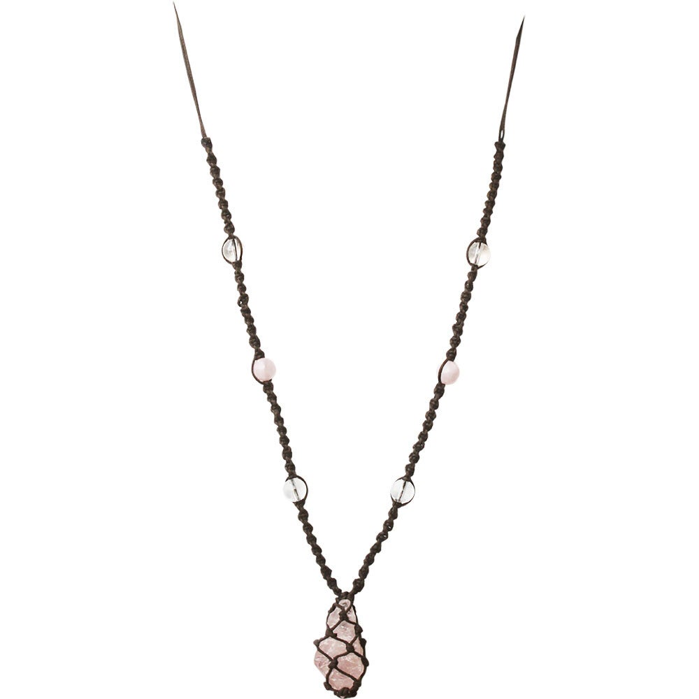 NECKLACE HIPPIE BEADS-ROUGH POINT ROSE QUARTZ (ADJUSTABLE) / COLLIER BILLES HIPPIE-POINTE BRUTE ROSE QUARTZ (AJUSTABLE)