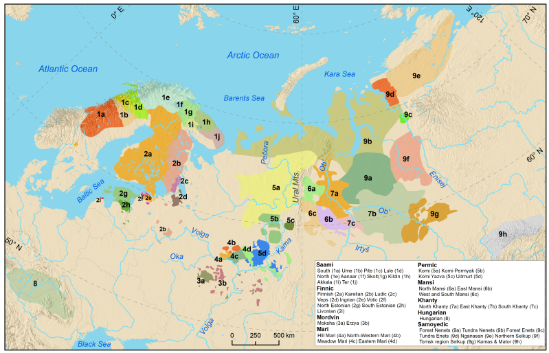 A detailed map of the Uralic languages.