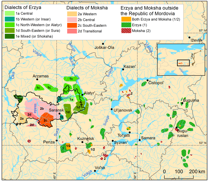 A detailed map of the Mordvinic languages
