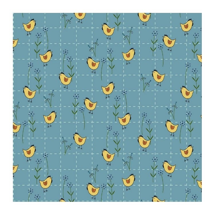 Tissu patchwork poules sur quadrillage bleu