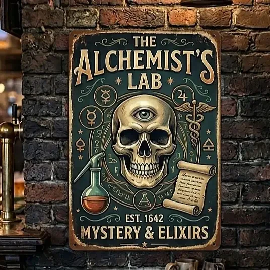 Alchemist Skull Metaal Bord – Mystery & Elixirs