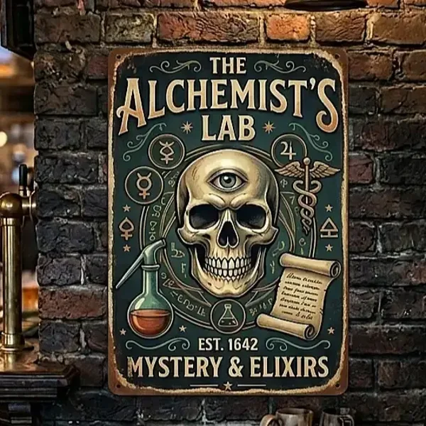 Alchemist Skull Metaal Bord – Mystery & Elixirs