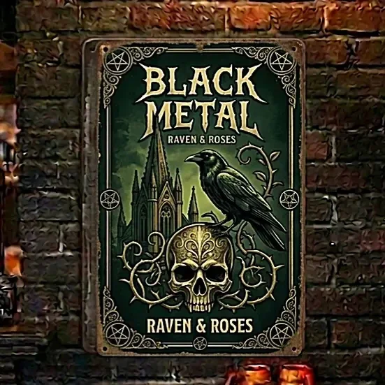 Black Metal Raven & Roses Metalen Wandbord