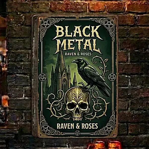 Black Metal Raven & Roses Metalen Wandbord
