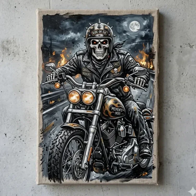 Canvas Schilderij Biker Schedel op Motor – Memento Mori