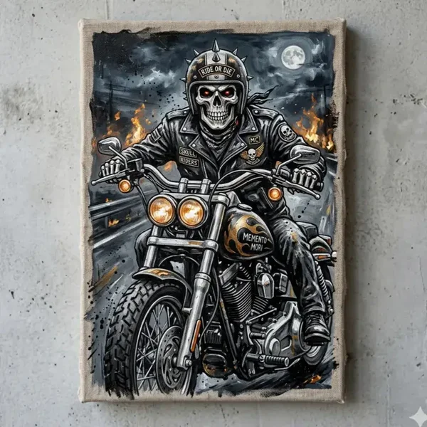 Canvas Schilderij Biker Schedel op Motor – Memento Mori