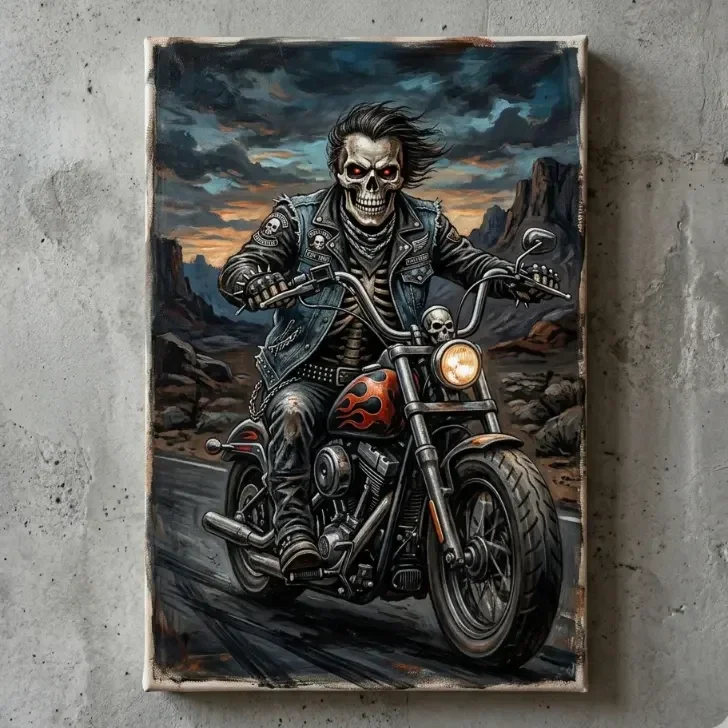 Canvas Schilderij Schedel Motorrijder op Chopper – Exclusief