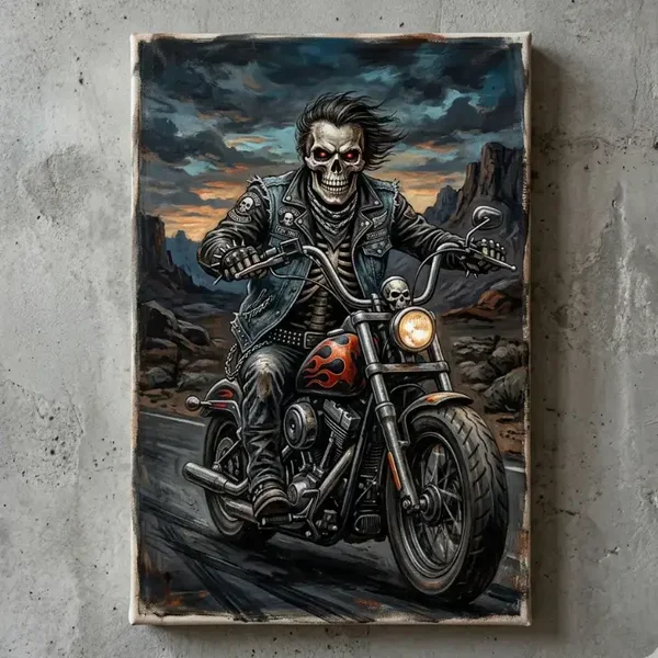 Canvas Schilderij Schedel Motorrijder op Chopper – Exclusief
