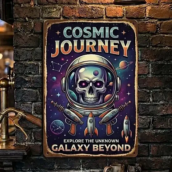 Cosmic Journey Schedel Astronaut Metalen Wandbord