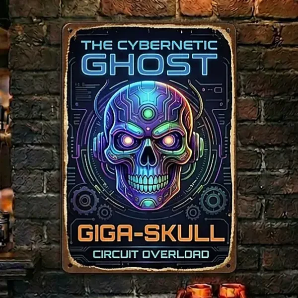Cyberpunk Metalen Wandbord - Giga-Skull Cybernetic Ghost