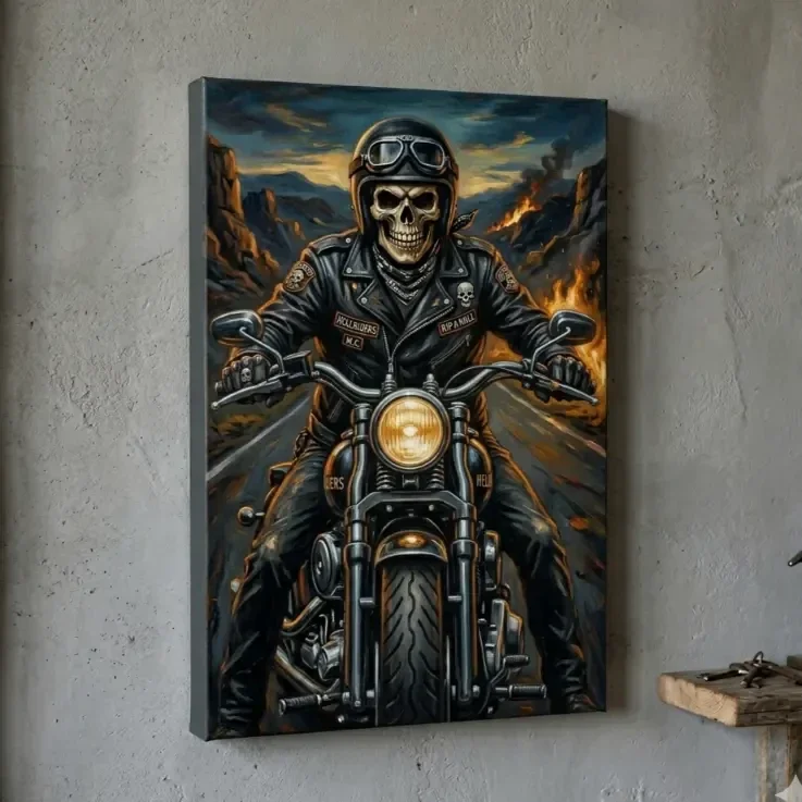 Gothic Canvas Schedel Motorrijder Ingelijst
