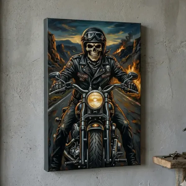 Gothic Canvas Schedel Motorrijder Ingelijst