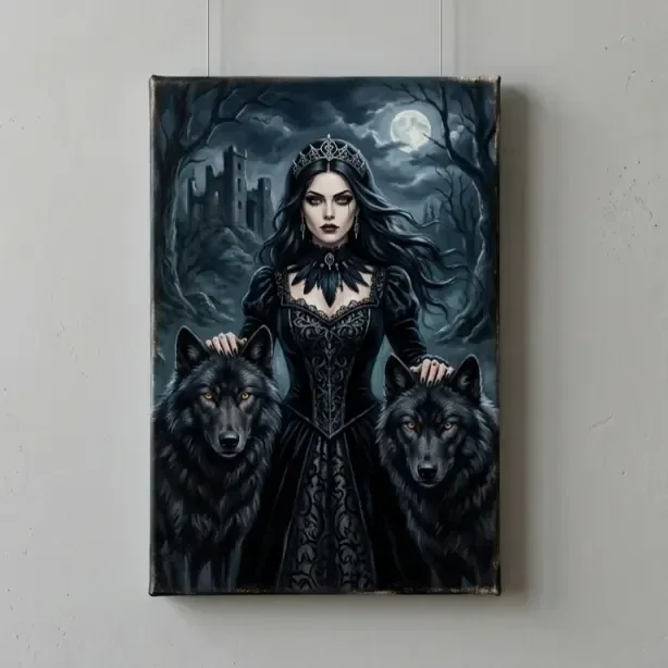 Gothic Koningin met Wolven Ingelijst Canvas