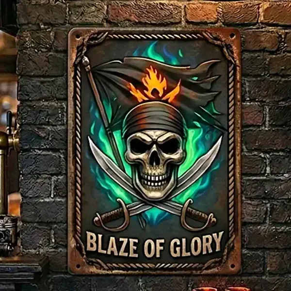 Metaal Bord Skull Blaze of Glory – Groene Vlammen & Zwaarden