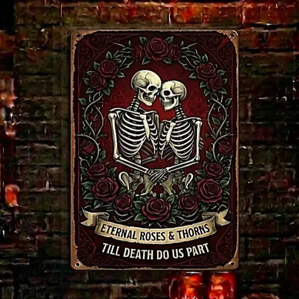 Metalen Wandbord Skelet Koppel & Rozen - Till Death Do Us Part