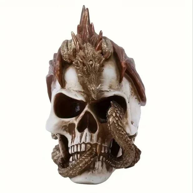 Draken Schedel Ornament met Slang – Gothisch Hars Beeldje