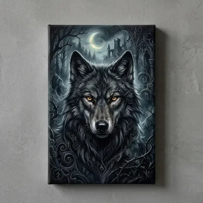 Gotische Wolf Canvas Schilderij – Mystieke Maan & Runen