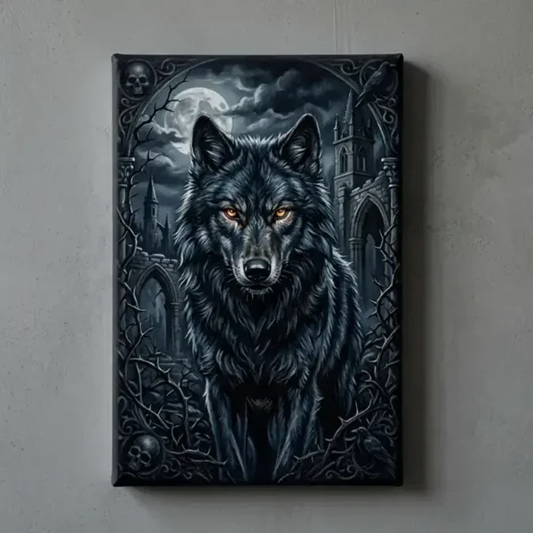 Gothische Zwarte Wolf met Ruïne Canvas Schilderij