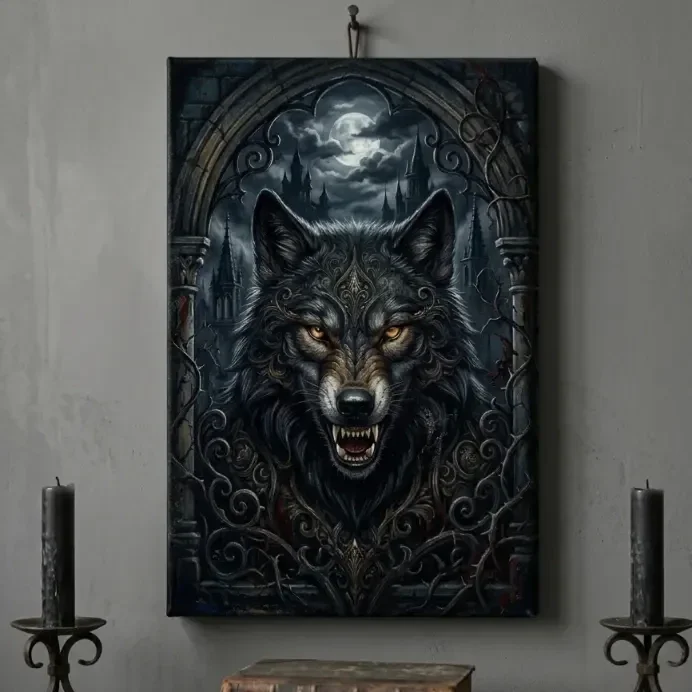 Gotisch Canvas Schilderij Wolf - Ingelijst
