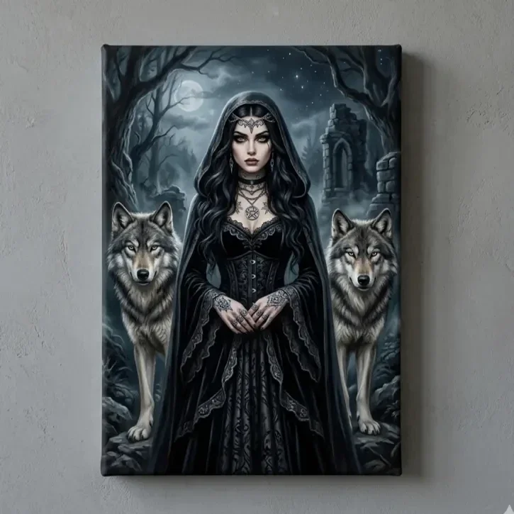 Gotische Vrouw met Wolven – Exclusief Ingelijst Canvas Schilderij