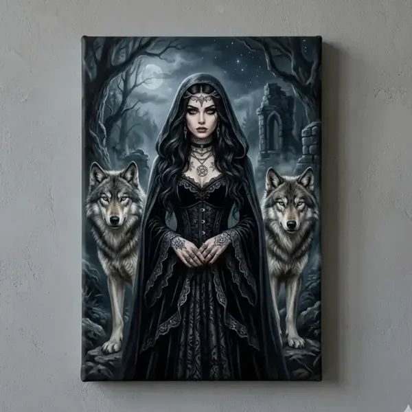 Gotische Vrouw met Wolven – Exclusief Ingelijst Canvas Schilderij