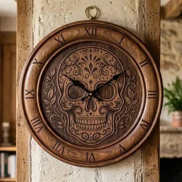Houten Wandklok Schedel - Sugar Skull 30cm