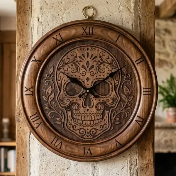 Houten Wandklok Schedel - Sugar Skull 30cm