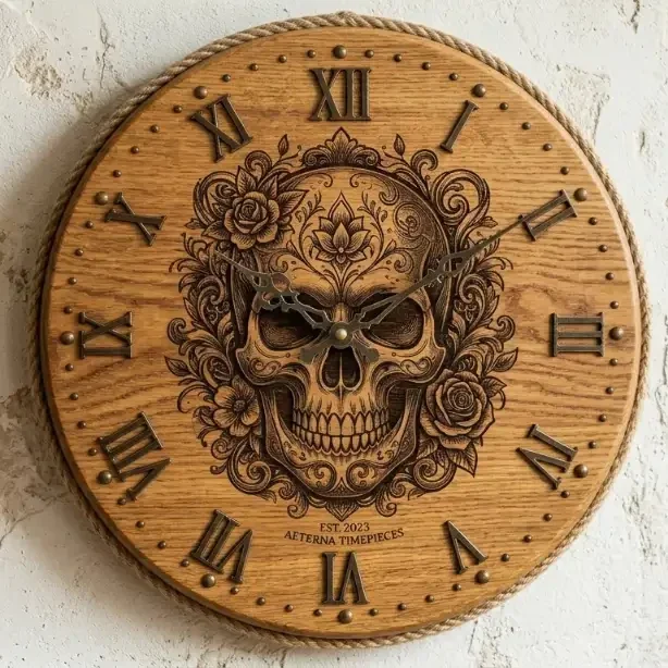 Houten Wandklok Skull met Rozen – 30 cm