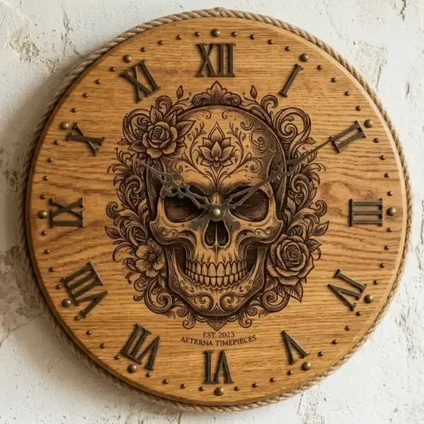 Houten Wandklok Skull met Rozen – 30 cm