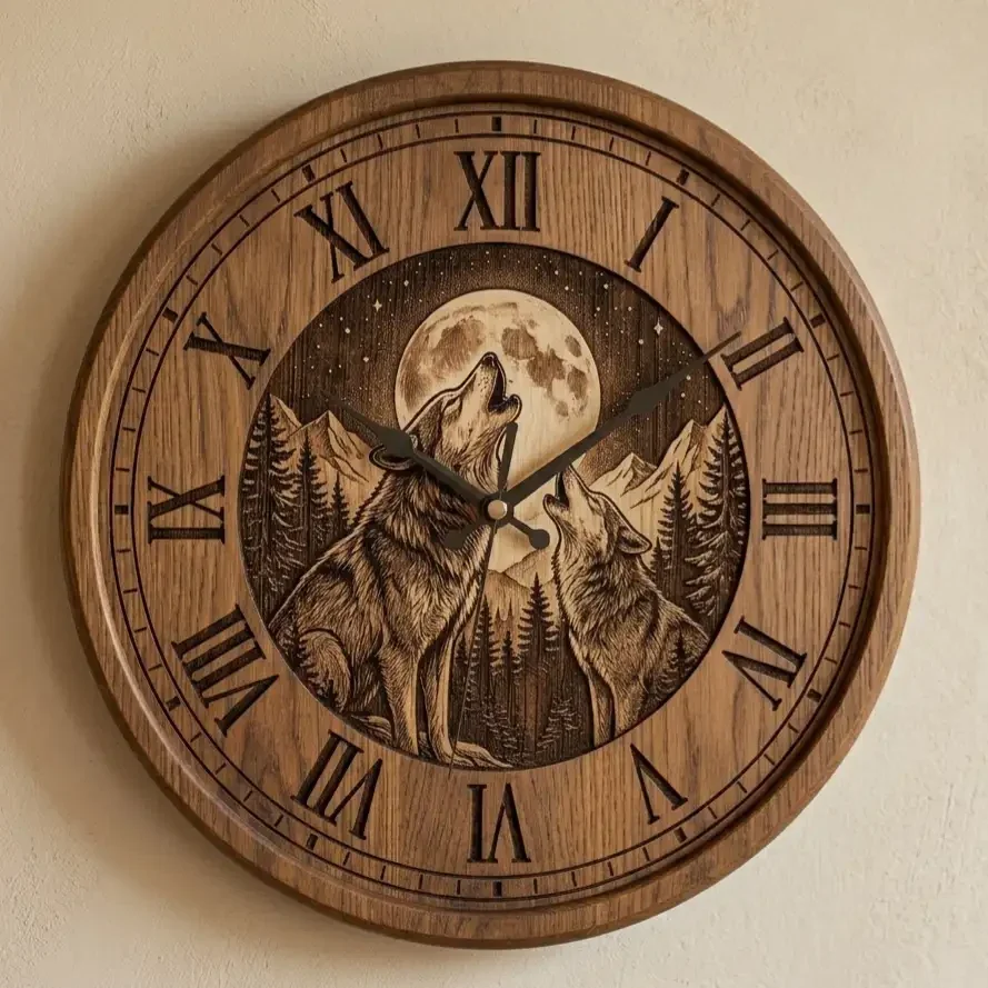 Houten Wandklok Wolven & Volle Maan - 30cm