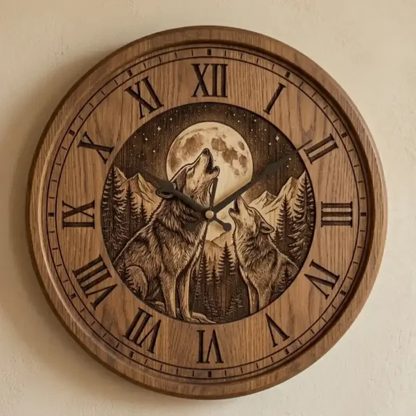 Houten Wandklok Wolven & Volle Maan - 30cm