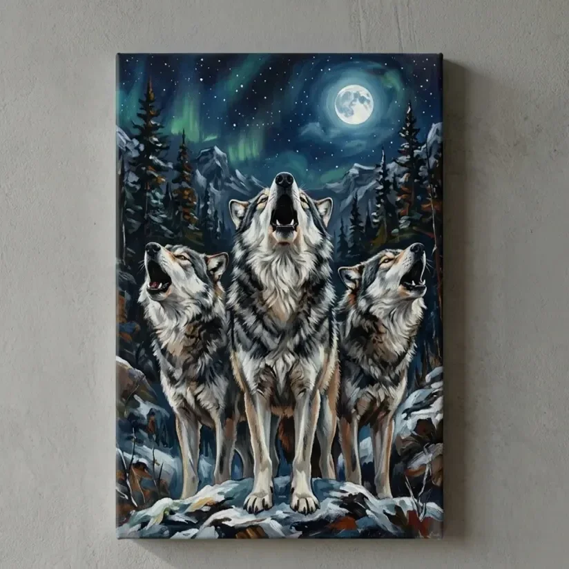 Canvas Schilderij Drie Huilende Wolven Aurora Maan Ingelijst Exclusief