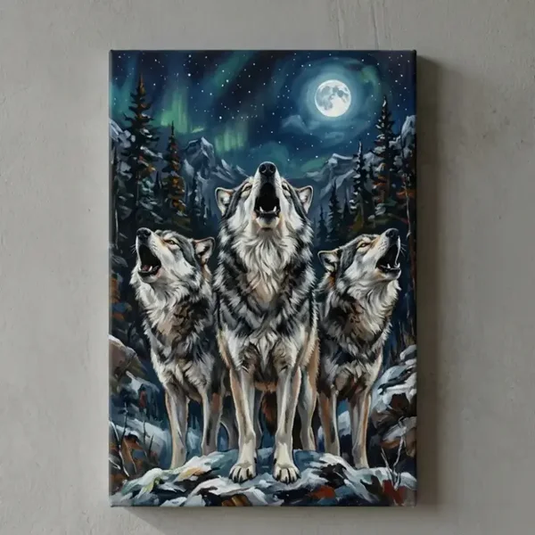 Canvas Schilderij Drie Huilende Wolven Aurora Maan Ingelijst Exclusief