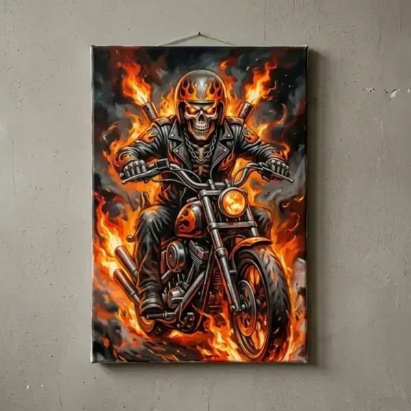 Ingelijst Canvas Schilderij Schedel Biker op Motor met Vlammen