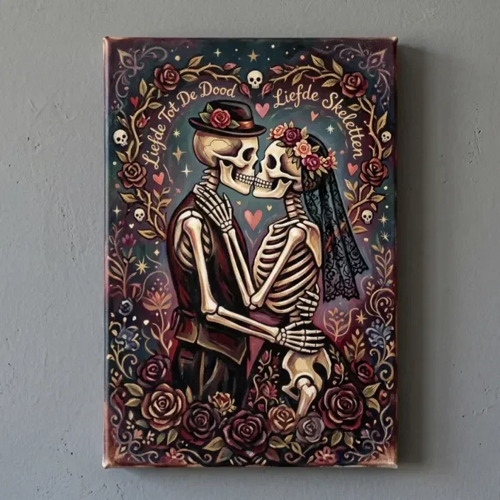 Liefde Tot De Dood" Skeletten Canvas Schilderij