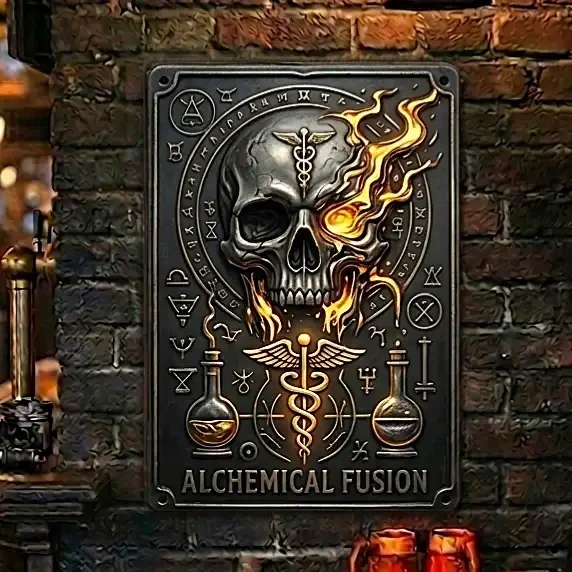 Metalen Wandbord Alchemical Fusion - Schedel & Alchemie (3D-Reliëf)