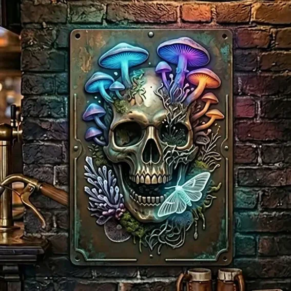 Metalen Wandbord Gothic Schedel met Neon Paddenstoelen