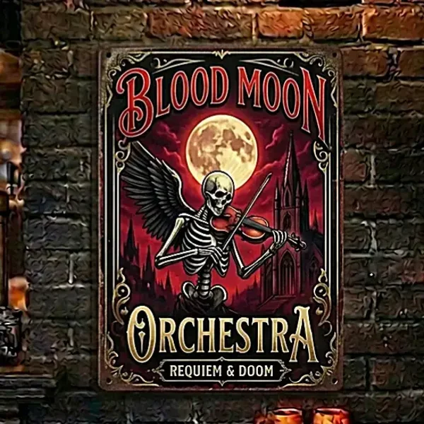 Metalen Wandbord Gothic Skelet Viool - Blood Moon Orchestra