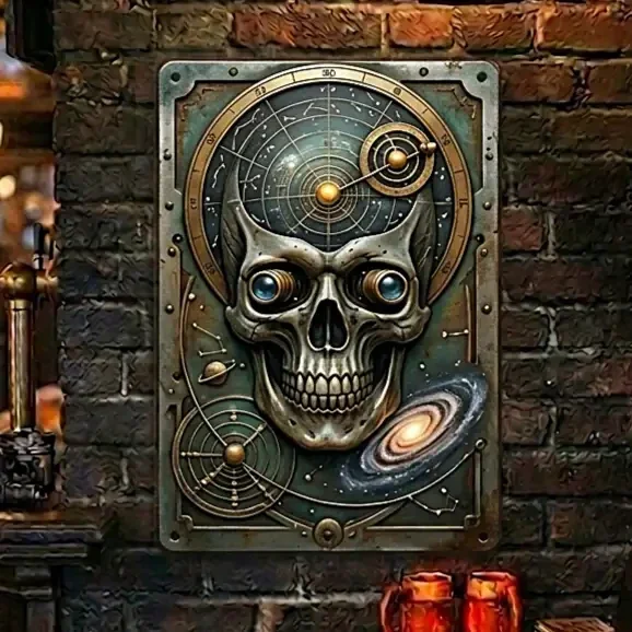 Metalen Wandbord Gothic Skull & Cosmos - 3D Look