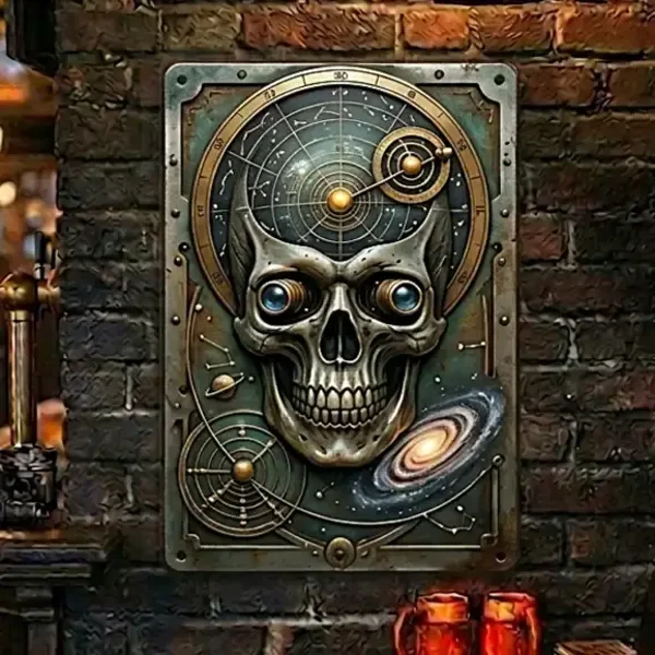 Metalen Wandbord Gothic Skull & Cosmos - 3D Look
