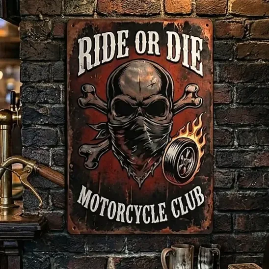 Metalen Wandbord Ride or Die Skull – Motor Club