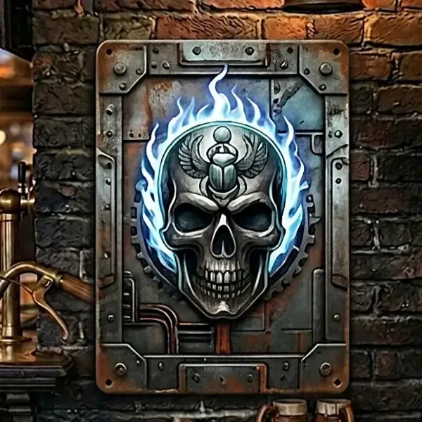 Metalen Wandbord Skull - Industrieel Blauw Vuur