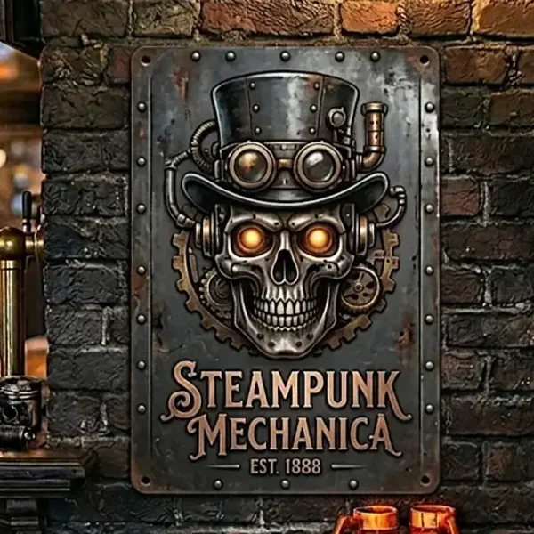 Metalen Wandbord Steampunk Skull Hoge Hoed - Mechanica 1888