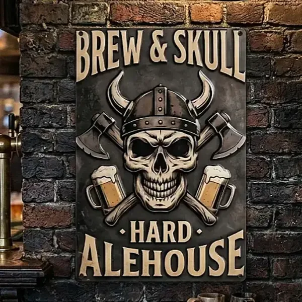 Metalen Bord Brew & Skull Hard Alehouse (Viking Schedel)
